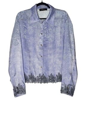 Rich Radi Q’s New York Top Medium Floral Lace Sequin Embellished Sheer Button